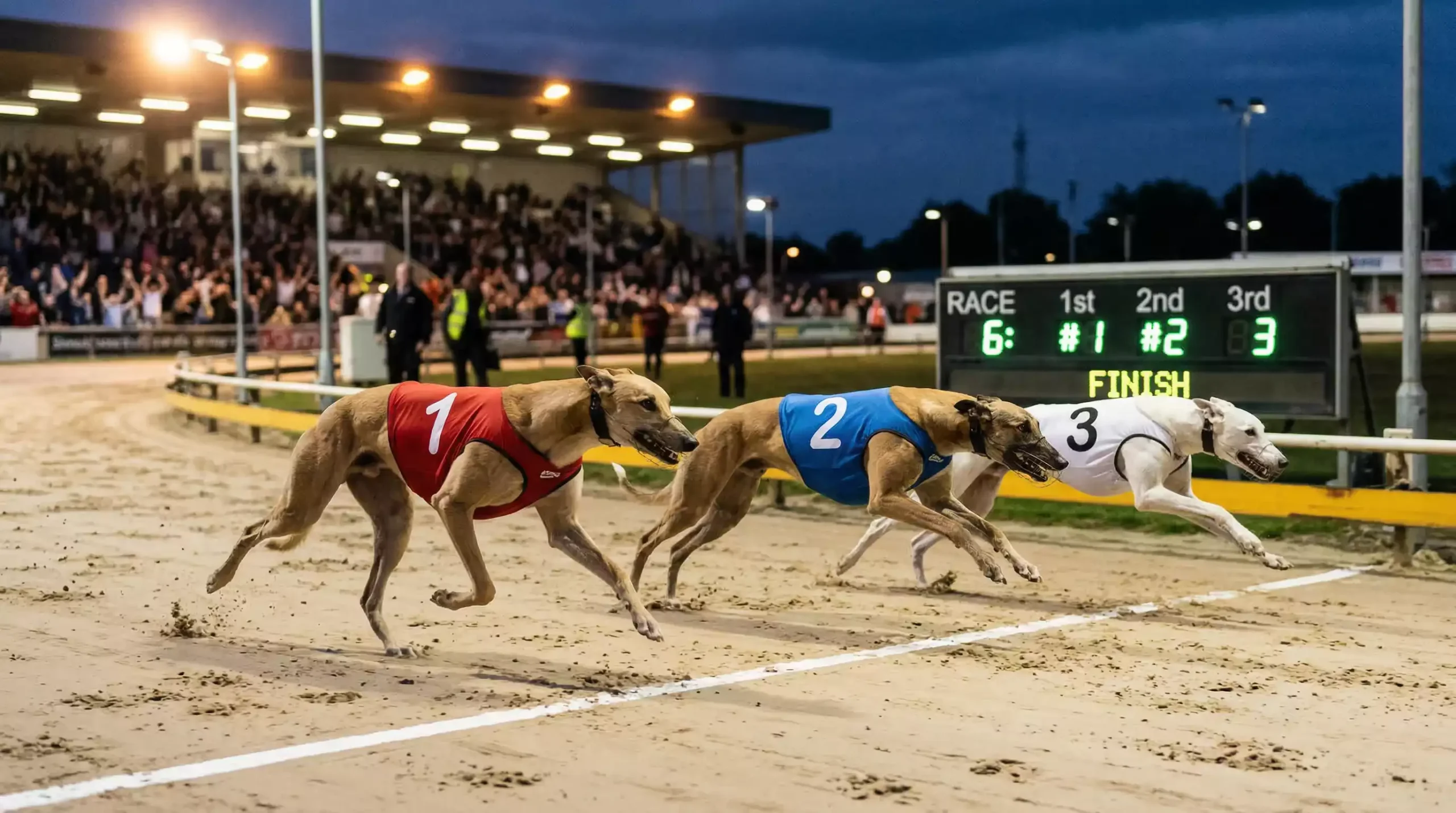 Greyhounds crossing the finish line during a feature race at a floodlit stadium