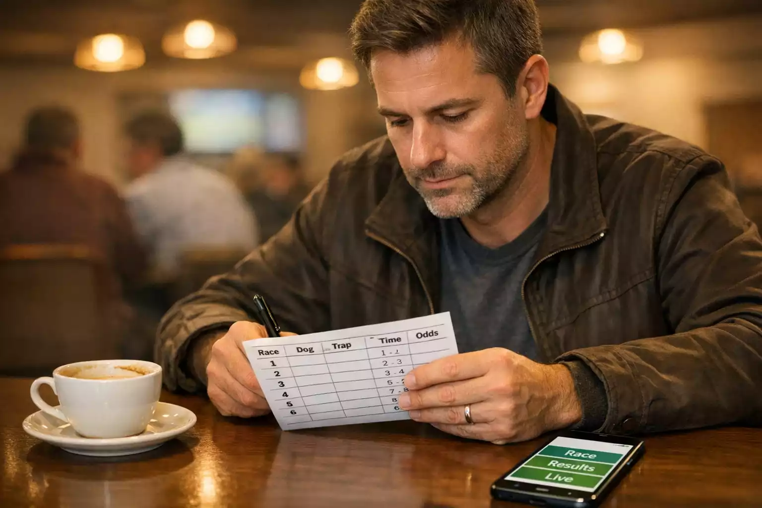 Punter studying a greyhound racecard with form data at a racing venue