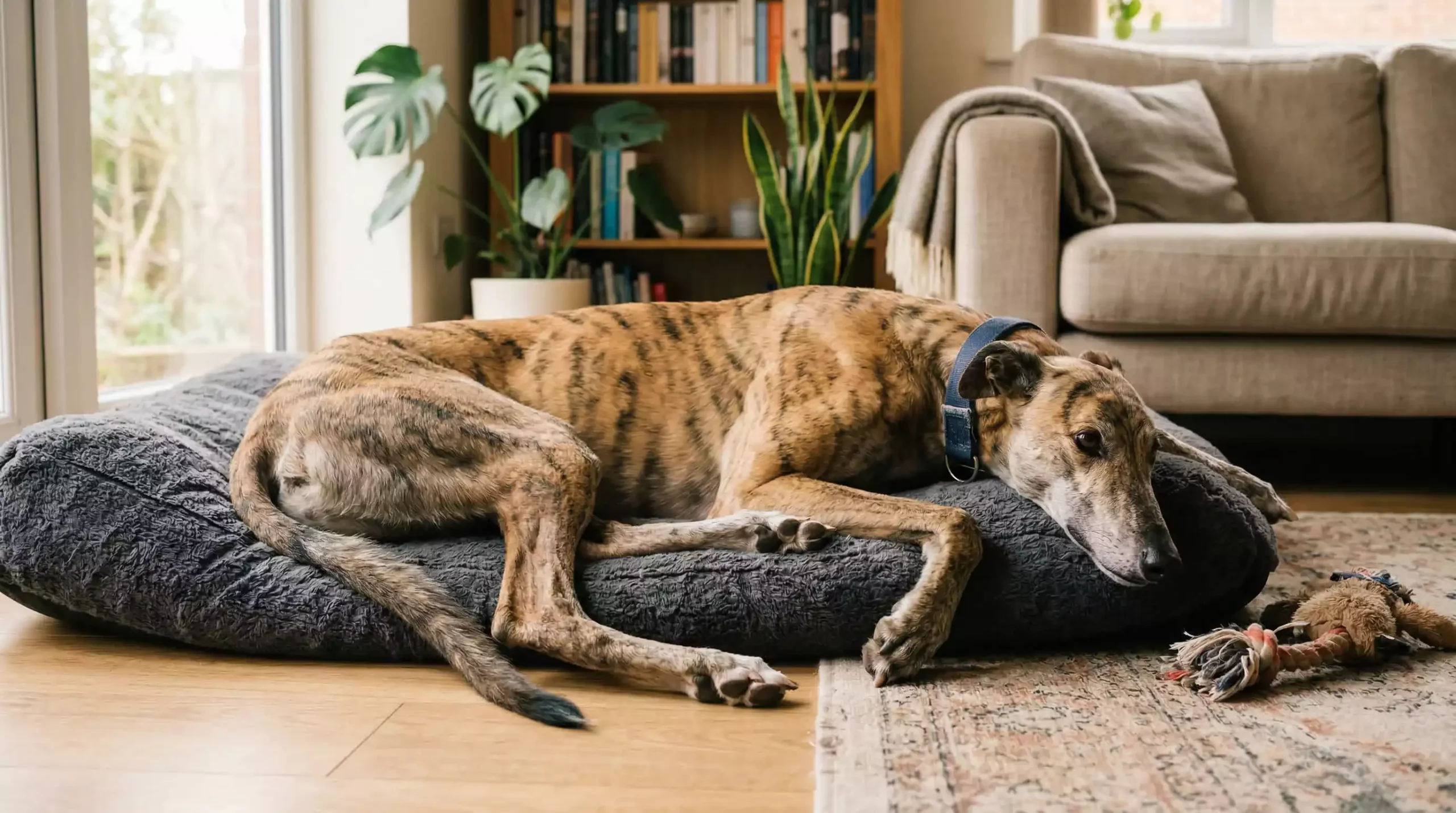 Retired racing greyhound relaxing in a family home after adoption