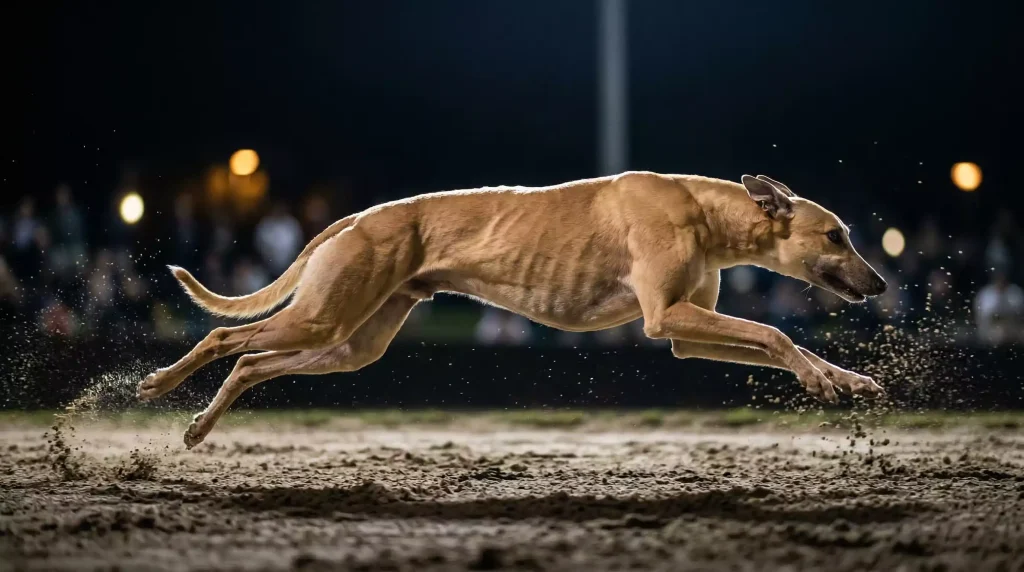 Powerful greyhound in full sprint on a floodlit sand track evoking legendary race moments
