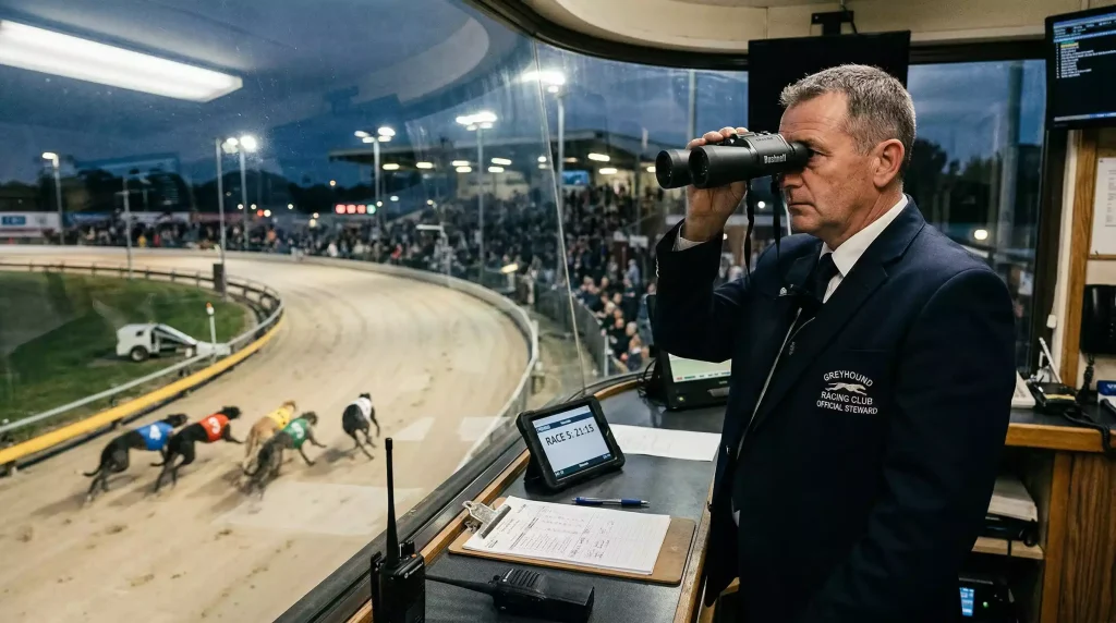 Official GBGB steward in uniform observing a greyhound race from the stewards