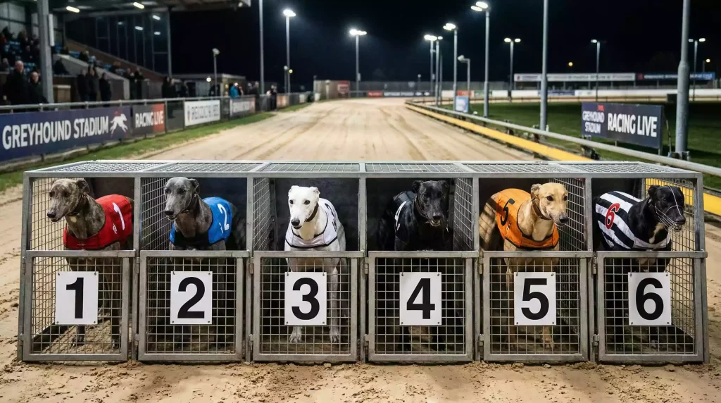 Six greyhounds in coloured racing jackets lined up in starting traps before a graded race