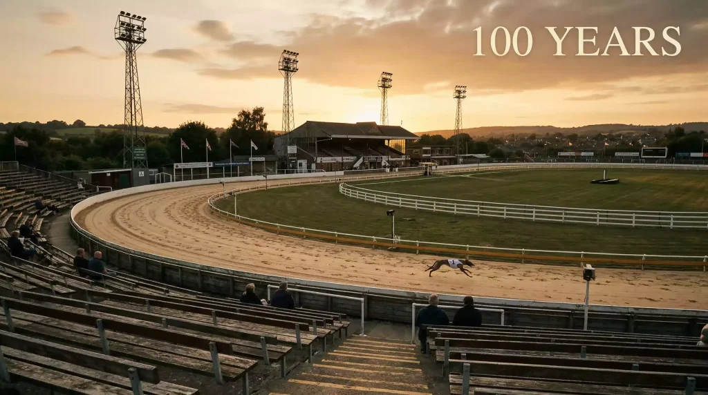 Vintage-style photograph of a greyhound racing track with a modern overlay celebrating 100 years