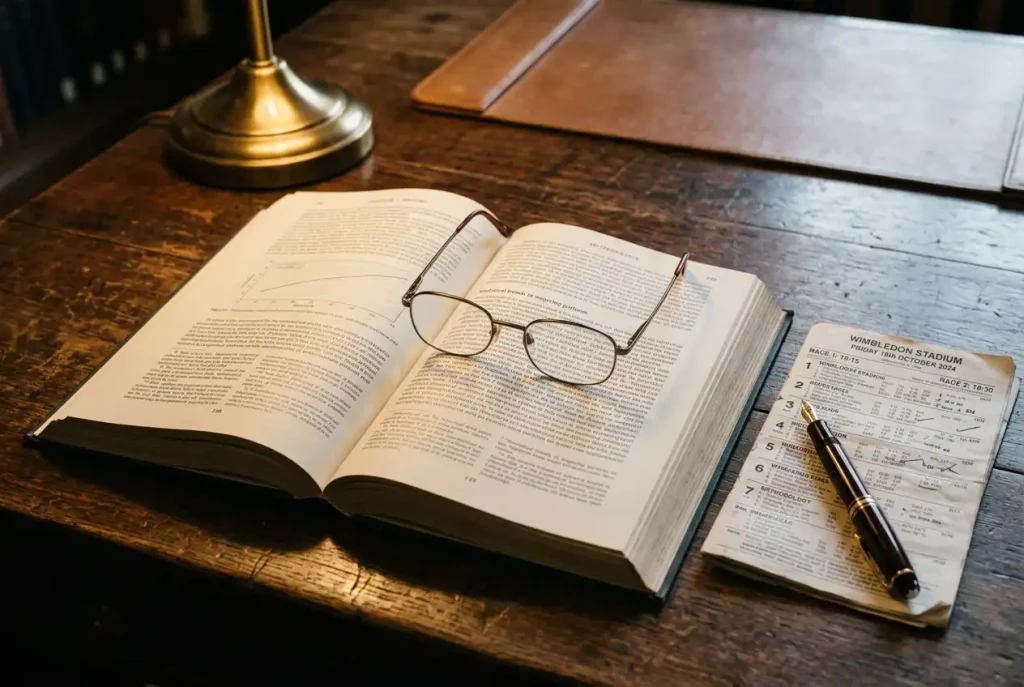 Open reference book on greyhound racing next to a racecard and a pen on a wooden desk