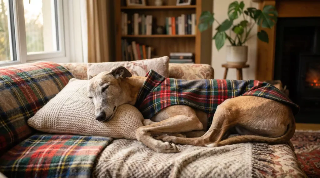 Retired greyhound wearing a cosy coat relaxing on a sofa in a family home