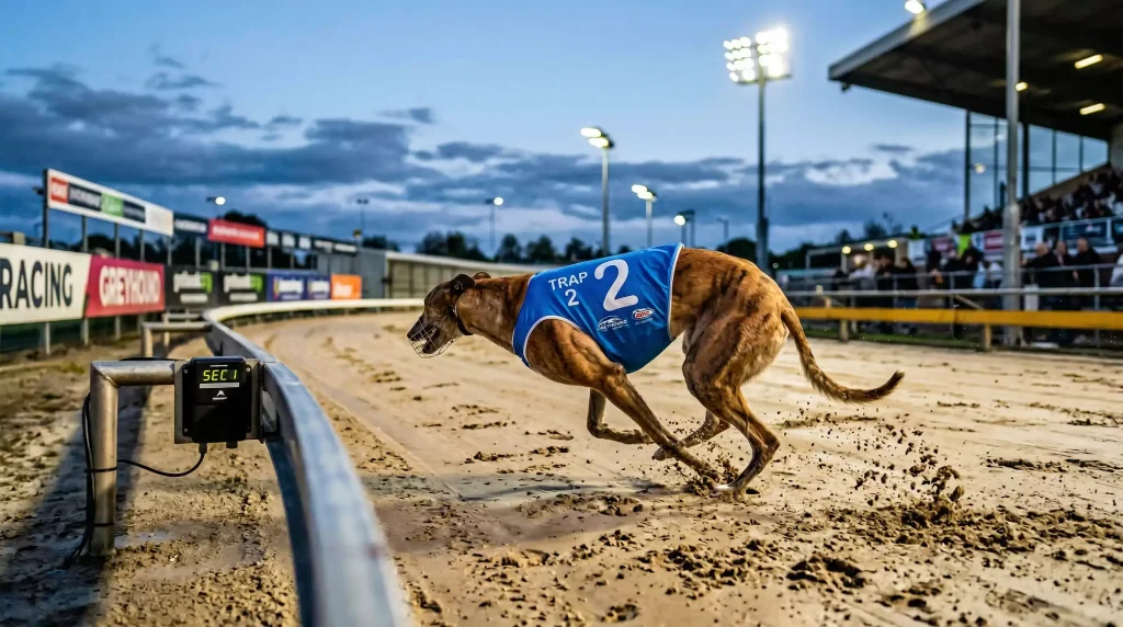 Greyhound rounding the first bend at Nottingham with a split-time sensor visible on the rail