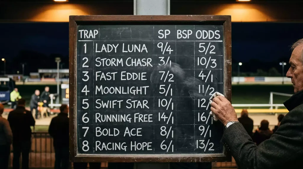 Two columns of odds displayed on a bookmaker board at a greyhound stadium