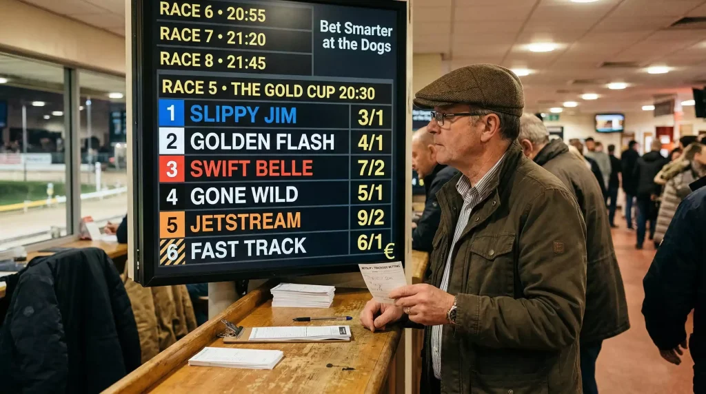 Nottingham greyhound betting odds – punter studying form at Colwick Park