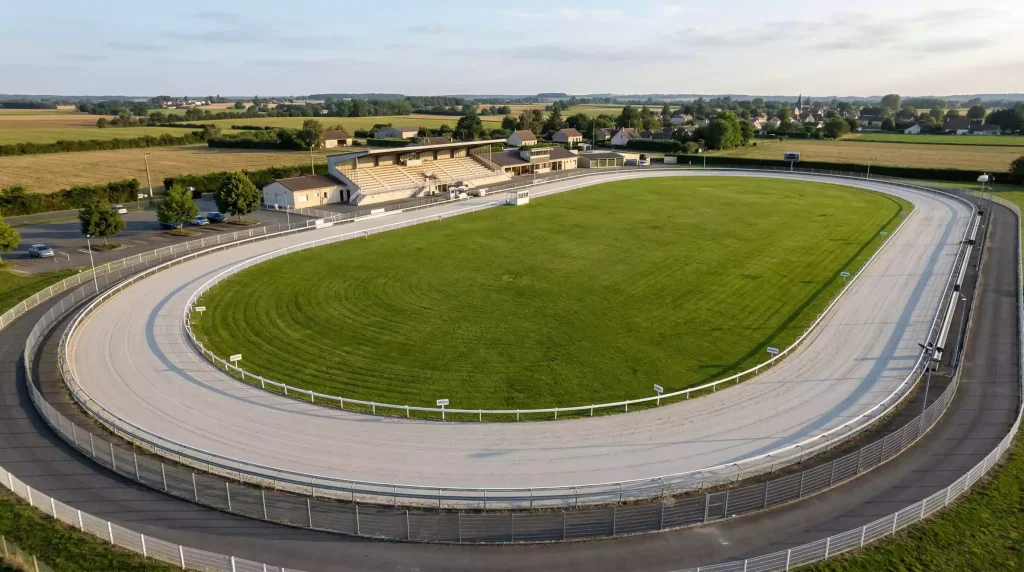 Aerial view of a greyhound racing track showing the full oval circuit with distance markings