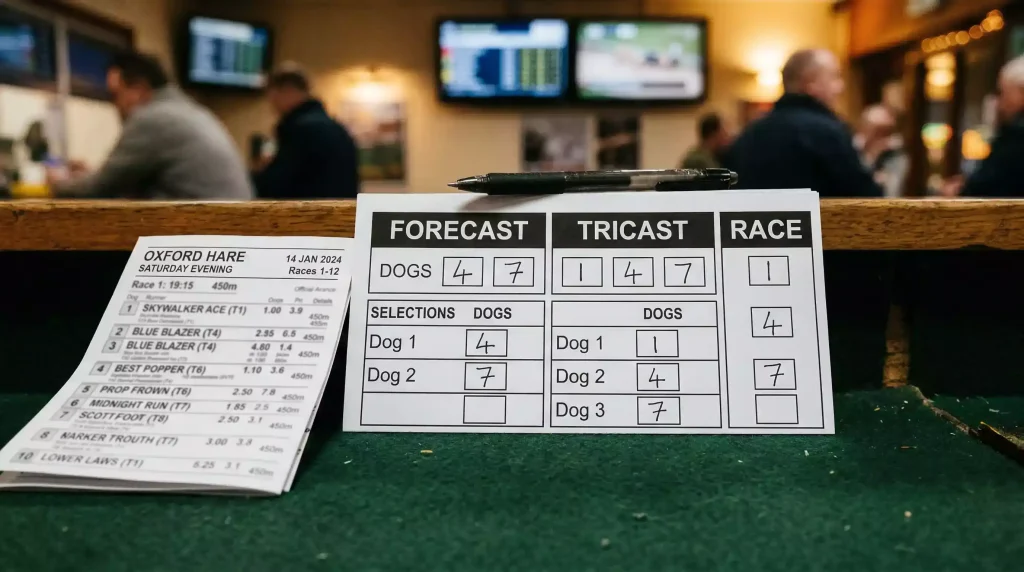 Betting slip with forecast and tricast selections next to a greyhound racecard on a counter