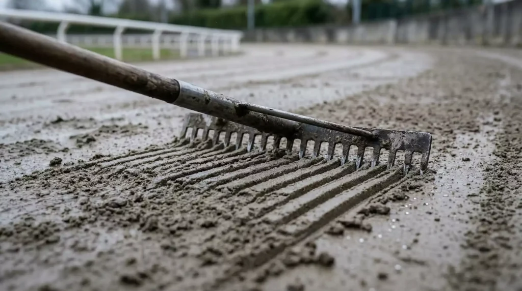 Close-up of a sandy greyhound track surface with visible moisture and a groundskeeper