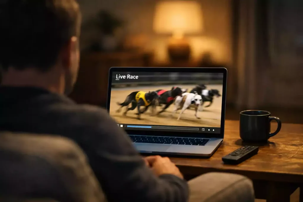 Person watching a greyhound race on a laptop screen from a living room sofa in the evening