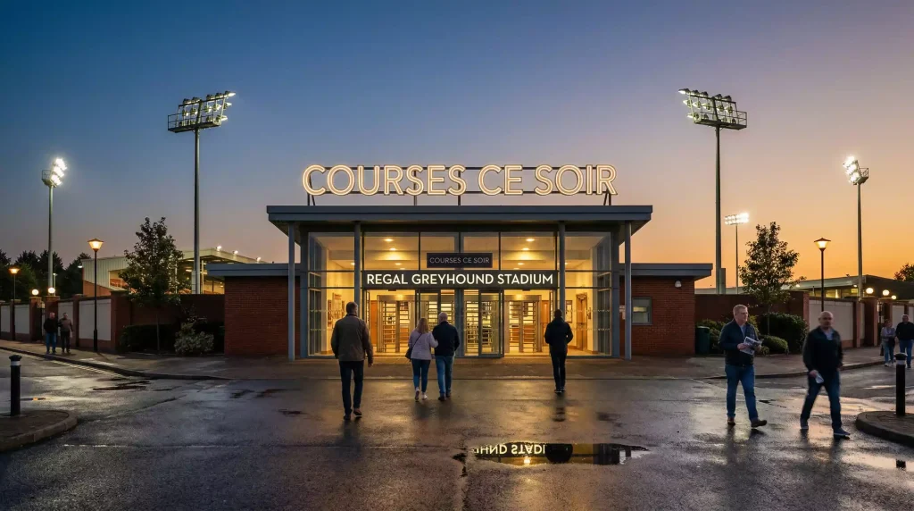 Nottingham greyhound stadium entrance at dusk with illuminated meeting-time sign