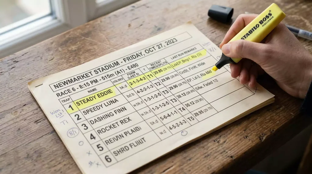 Close-up of a printed greyhound racecard with highlighted columns and notes in the margin