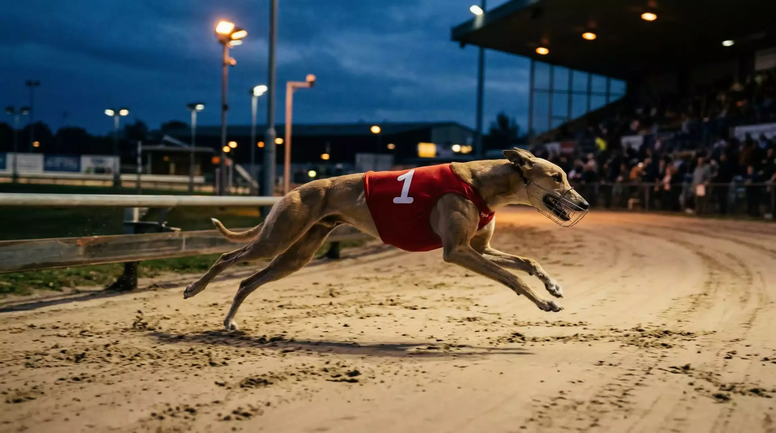 Greyhound racing at Nottingham Colwick Park stadium under floodlights