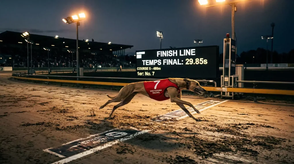 Greyhound crossing the finish line under floodlights at Nottingham Colwick Park on race night