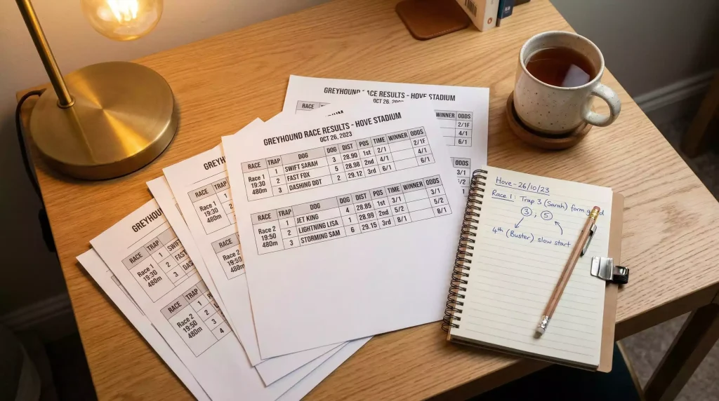 Person reviewing greyhound racing form sheets and past results on a desk with a notebook
