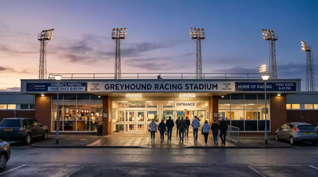 Front view of Nottingham Greyhound Stadium at Colwick Park with floodlights against an evening sky