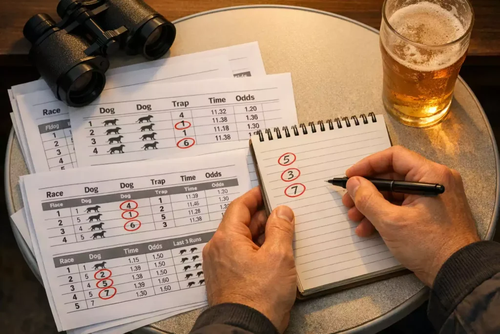 Person analysing greyhound form data with a pen and notebook at a trackside table