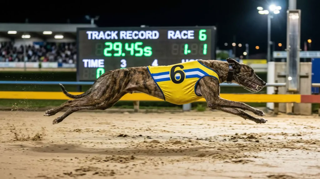 Greyhound sprinting at top speed on a sand track with a visible electronic timing display
