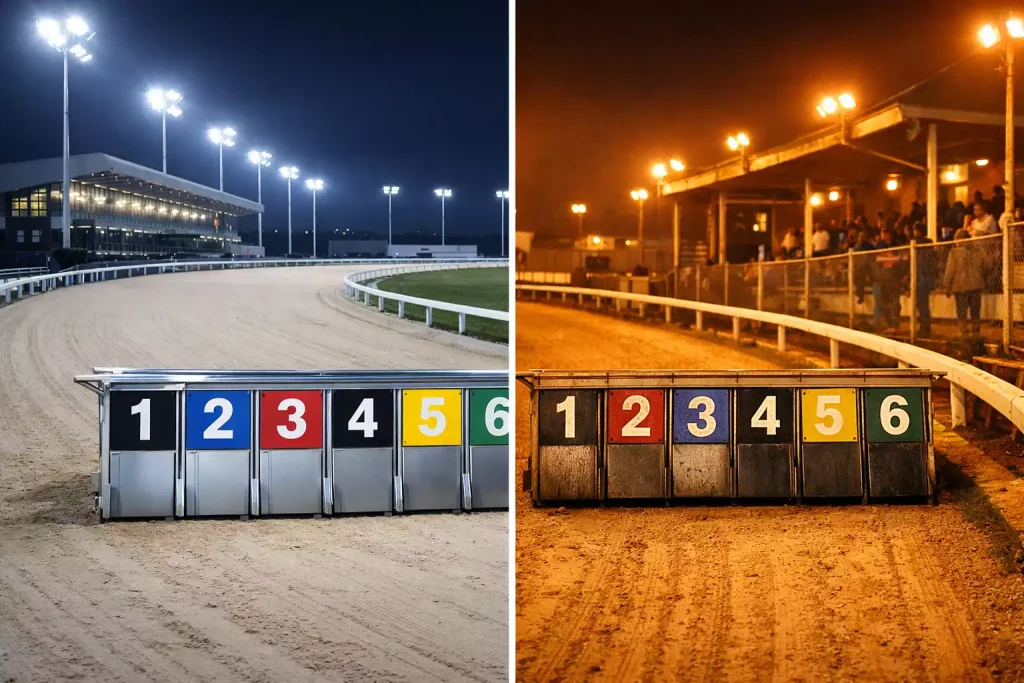 Split view of two different British greyhound racing tracks under floodlights for comparison