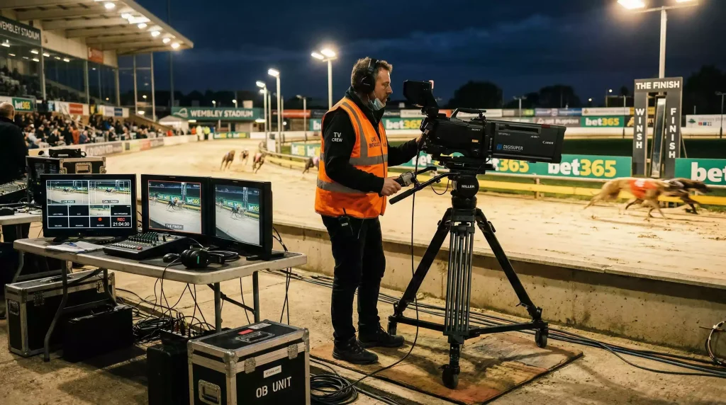 Television camera filming a greyhound race from the trackside broadcast position