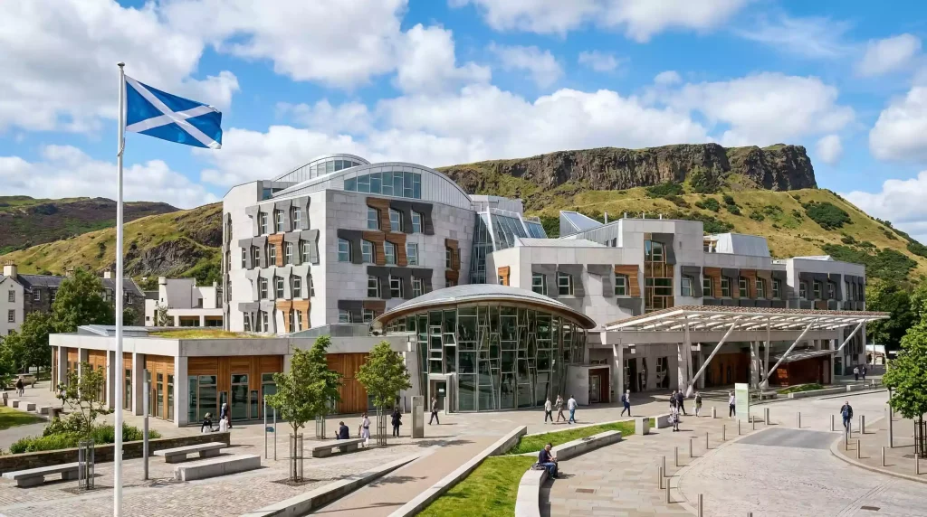 The Scottish Parliament building in Edinburgh representing the greyhound racing legislative debate