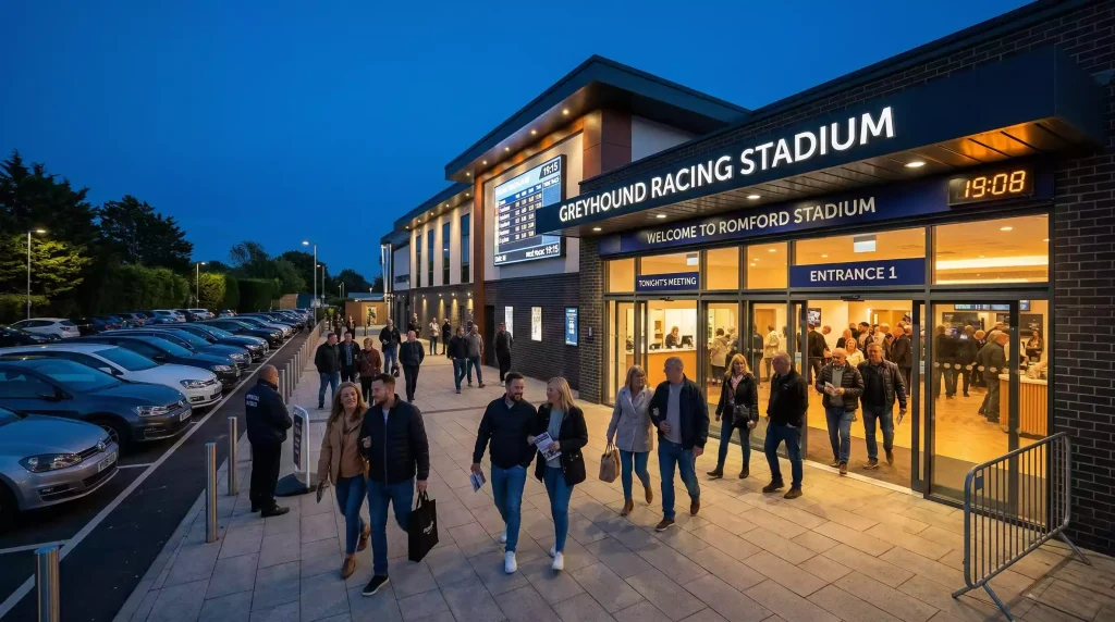 Visitors arriving at Nottingham Greyhound Stadium entrance on a warm race night evening