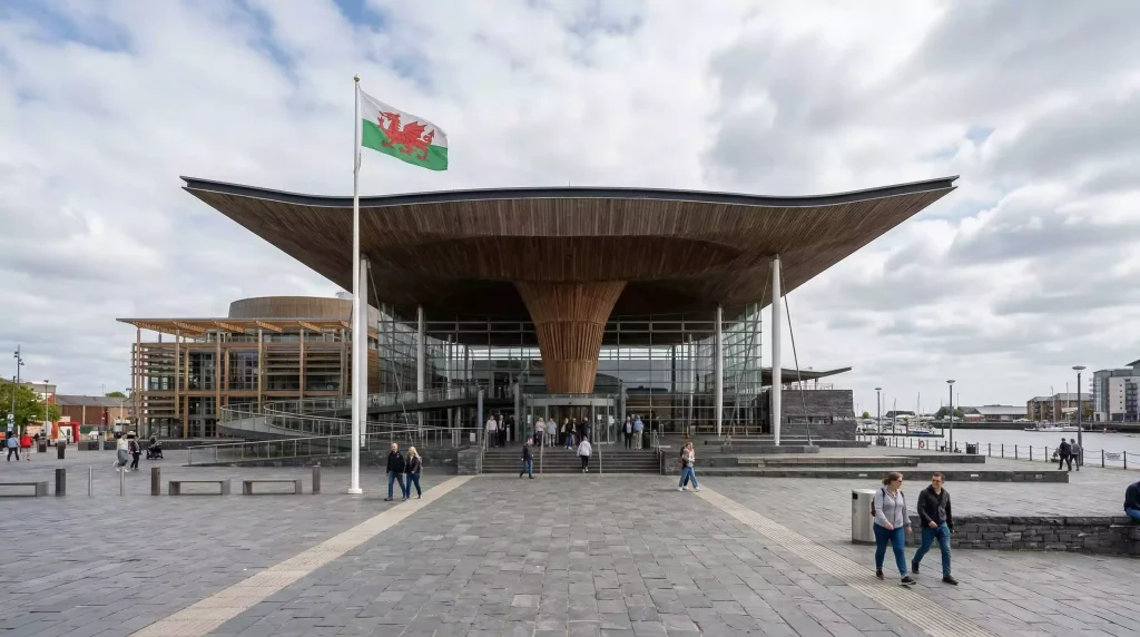 The Senedd building in Cardiff Bay representing the Welsh Parliament vote on greyhound racing